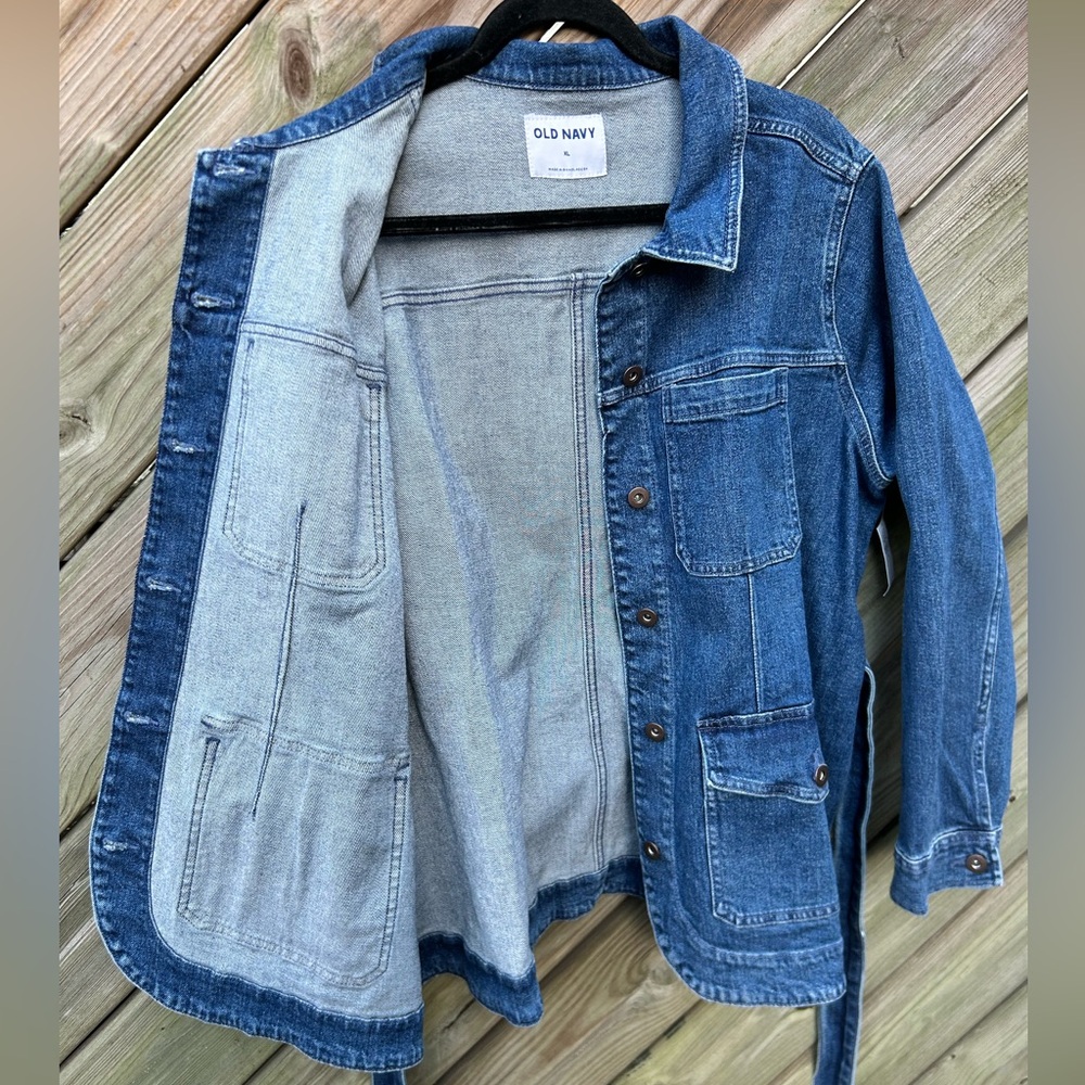 Old Navy Classic Blue Denim Utility Jean Jacket w Tie Belt size XL NWT 4 pockets - Picture 6 of 16